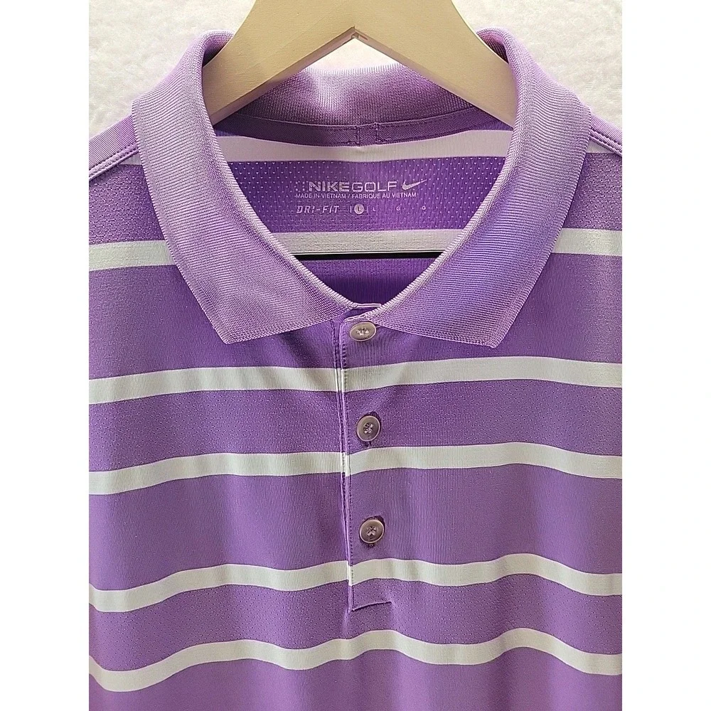 Nike Dri-Fit Golf‎ Shirt Mens L Purple Striped Short Sleeve Outdoor Athleisure